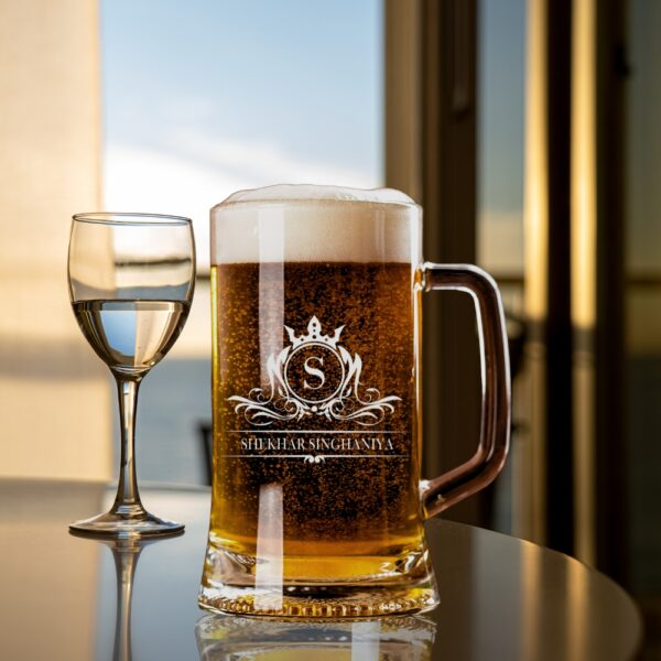 Elevate your drinking experience with this exquisite 500ml personalised beer mug, featuring an elegant crown monogram design. The crystal-clear glass construction showcases your favourite brew while adding a touch of sophistication with its beautifully engraved pattern. Perfect as a thoughtful gift for special occasions, this sturdy mug combines classic styling with personalised charm. The comfortable handle provides a secure grip, whilst the generous 500ml capacity ensures ample room for your preferred beverage. The premium quality glass material preserves your drink's temperature and carbonation, making every sip as enjoyable as the first. Whether it's for Christmas, birthdays, or any celebration, this customised beer mug makes for a memorable present that's both practical and stylish. The intricate crown design and monogram add a royal touch to this drinking vessel, making it a cherished addition to any collection. Suitable for various beverages, this mug promises to be a conversation starter at gatherings and a treasured keepsake for years to come.