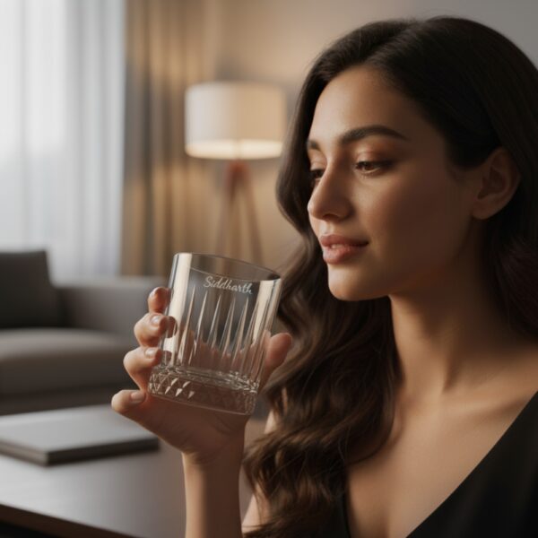 Best2U Personalized Crystal Whiskey Glass with custom name engraving “Siddharth.” This 330ml glass features a sophisticated vertical line pattern and a diamond-cut base that reflects light elegantly. Crafted from premium crystal, the glass combines clarity and durability, making it ideal for whiskey, scotch, or bourbon. The deep engraving ensures the name remains permanent, while the classic design enhances any home bar setting.