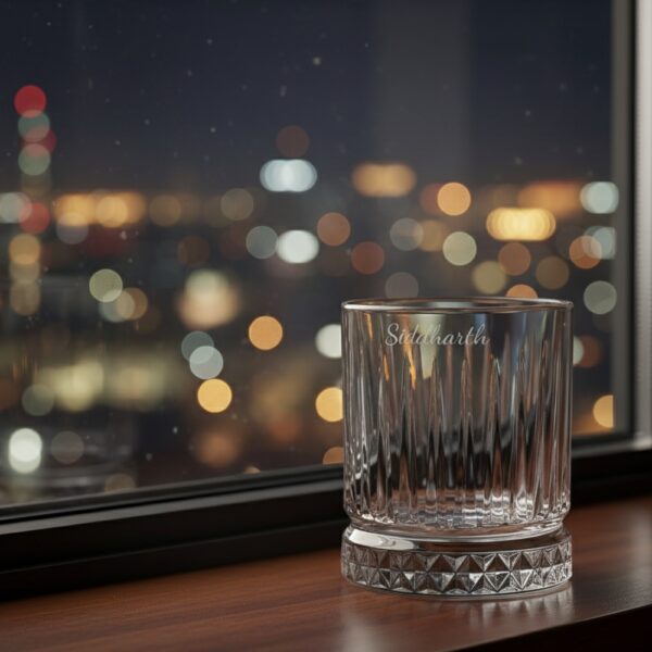 Best2U Personalized Crystal Whiskey Glass with custom name engraving “Siddharth.” This 330ml glass features a sophisticated vertical line pattern and a diamond-cut base that reflects light elegantly. Crafted from premium crystal, the glass combines clarity and durability, making it ideal for whiskey, scotch, or bourbon. The deep engraving ensures the name remains permanent, while the classic design enhances any home bar setting.