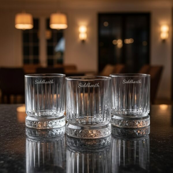 Best2U Personalized Crystal Whiskey Glass with custom name engraving “Siddharth.” This 330ml glass features a sophisticated vertical line pattern and a diamond-cut base that reflects light elegantly. Crafted from premium crystal, the glass combines clarity and durability, making it ideal for whiskey, scotch, or bourbon. The deep engraving ensures the name remains permanent, while the classic design enhances any home bar setting.
