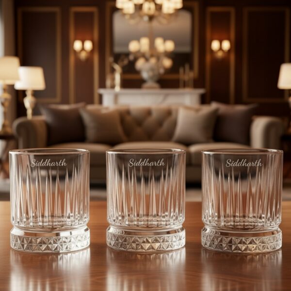 Best2U Personalized Crystal Whiskey Glass with custom name engraving “Siddharth.” This 330ml glass features a sophisticated vertical line pattern and a diamond-cut base that reflects light elegantly. Crafted from premium crystal, the glass combines clarity and durability, making it ideal for whiskey, scotch, or bourbon. The deep engraving ensures the name remains permanent, while the classic design enhances any home bar setting.