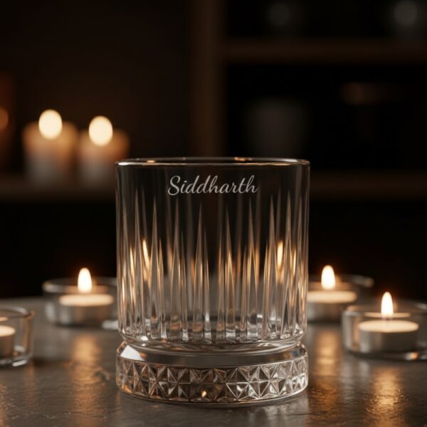 Best2U Personalized Crystal Whiskey Glass with custom name engraving “Siddharth.” This 330ml glass features a sophisticated vertical line pattern and a diamond-cut base that reflects light elegantly. Crafted from premium crystal, the glass combines clarity and durability, making it ideal for whiskey, scotch, or bourbon. The deep engraving ensures the name remains permanent, while the classic design enhances any home bar setting.
