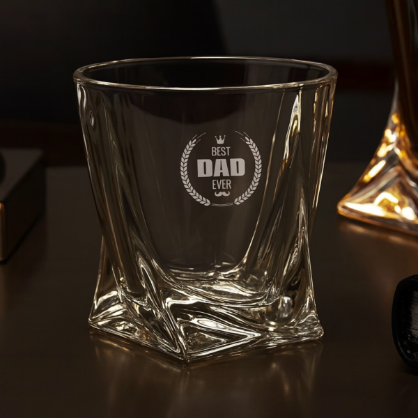 Best Dad Ever engraved crystal whiskey glass with laurel wreath and crown design