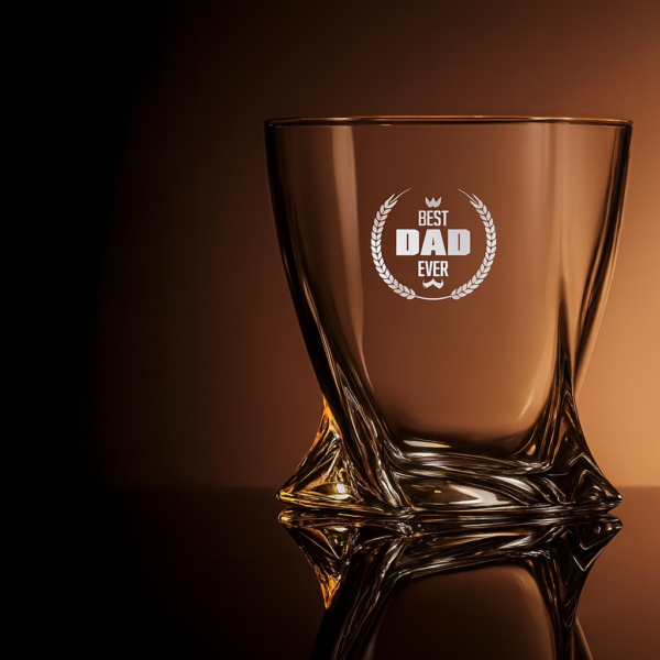 Best Dad Ever engraved crystal whiskey glass with laurel wreath and crown design