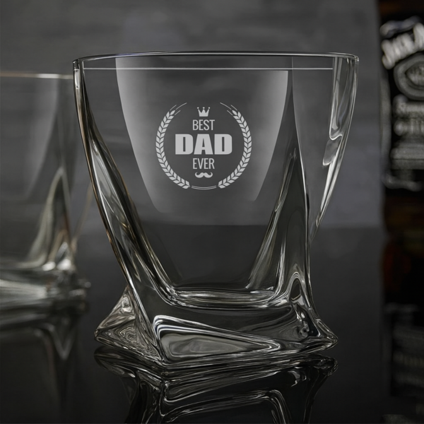 Best Dad Ever engraved crystal whiskey glass with laurel wreath and crown design