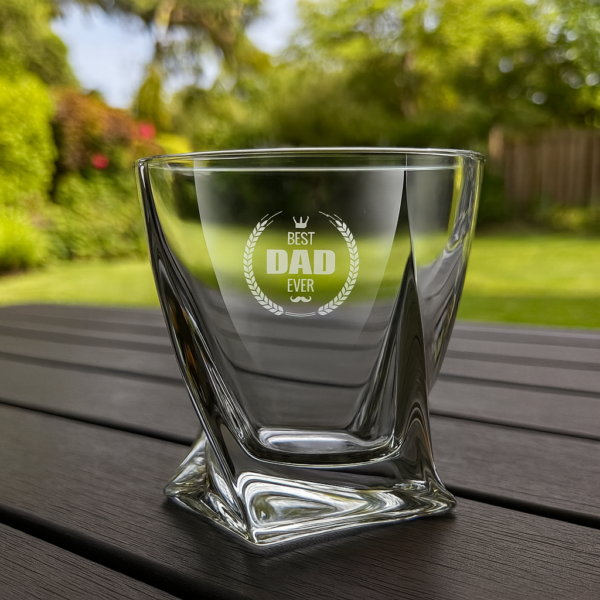 Best Dad Ever engraved crystal whiskey glass with laurel wreath and crown design