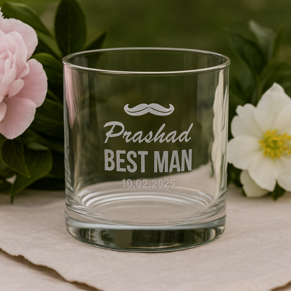 Personalized whiskey glass engraved with a mustache design, the name 'Prashad', text 'BEST MAN', and the date 10.02.2025, displayed on a wooden surface with a warm background