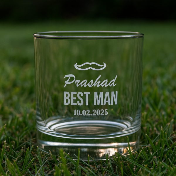 Personalized whiskey glass engraved with a mustache design, the name 'Prashad', text 'BEST MAN', and the date 10.02.2025, displayed on a wooden surface with a warm background