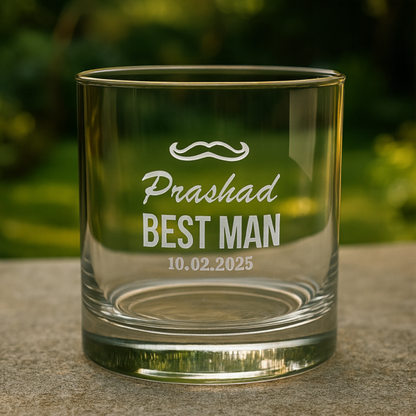 Personalized whiskey glass engraved with a mustache design, the name 'Prashad', text 'BEST MAN', and the date 10.02.2025, displayed on a wooden surface with a warm background