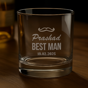 Personalized whiskey glass engraved with a mustache design, the name 'Prashad', text 'BEST MAN', and the date 10.02.2025, displayed on a wooden surface with a warm background
