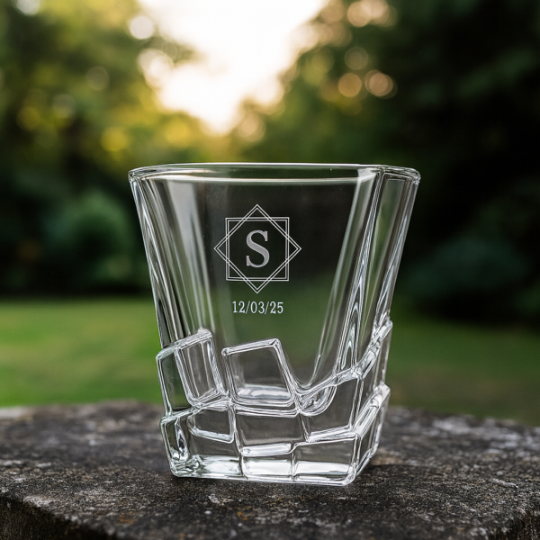Personalized 310ml crystal whisky glass with twisted base design, engraved with custom monogram and date, displayed on a dark surface