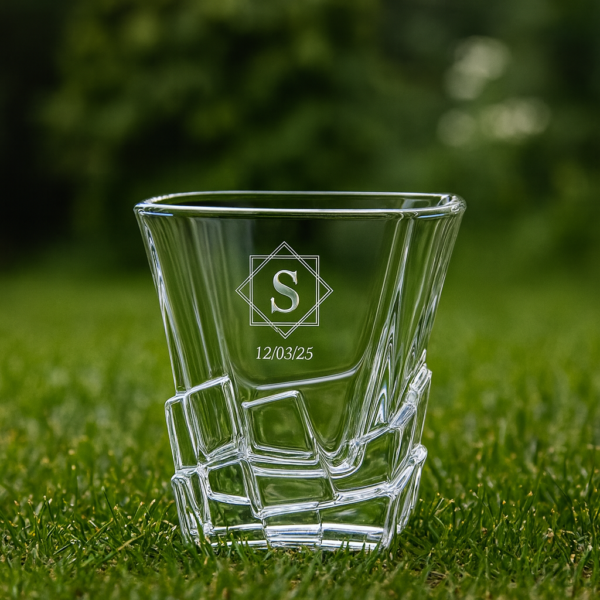 Personalized 310ml crystal whisky glass with twisted base design, engraved with custom monogram and date, displayed on a dark surface