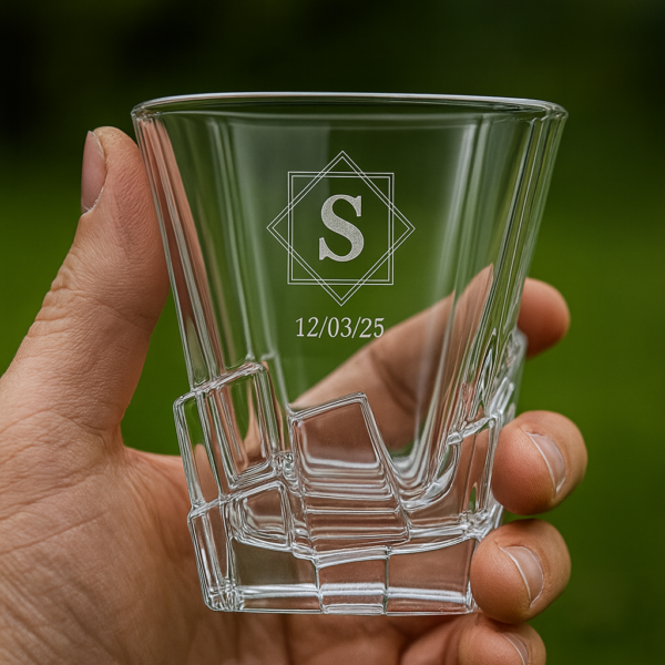 Personalized 310ml crystal whisky glass with twisted base design, engraved with custom monogram and date, displayed on a dark surface