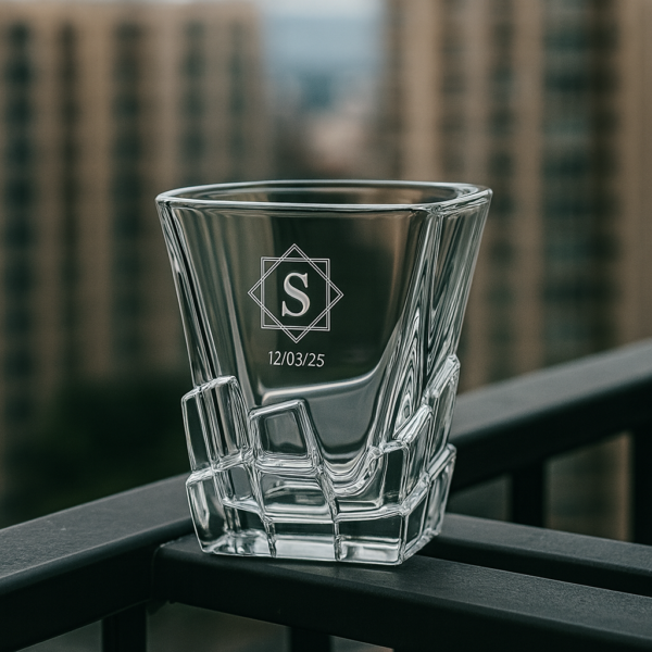 Personalized 310ml crystal whisky glass with twisted base design, engraved with custom monogram and date, displayed on a dark surface