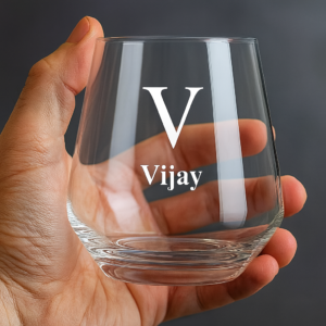 Personalized 370ml crystal clear whiskey glass with deep engraved initial V and name Vijay, stemless Italian design, perfect for Scotch, Bourbon, and gifting