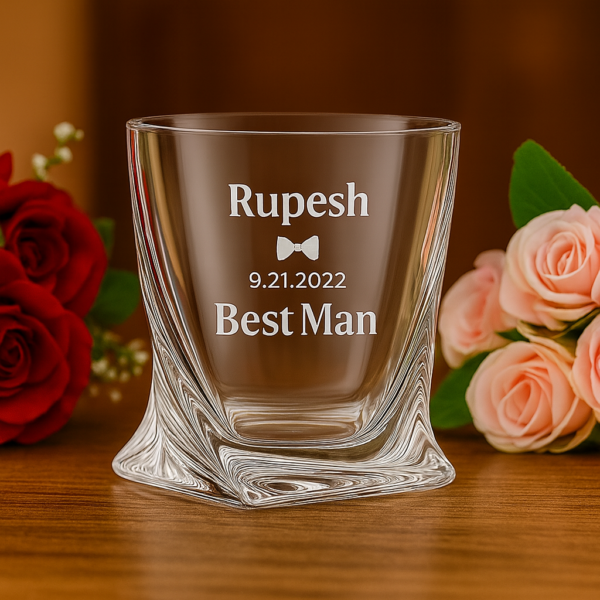 Personalized groomsmen whiskey glass with engraved name, date, and role – custom 310ml crystal bourbon tumbler, ideal best man gift, wedding party favor, and groomsman proposal keepsake.