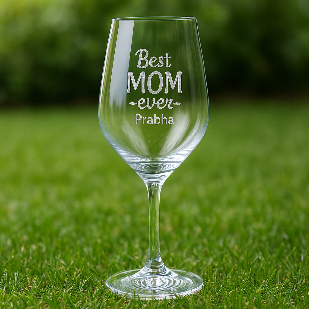 Set of personalized Best Mom Ever wine glasses engraved with name Prabha, crystal clear stemware