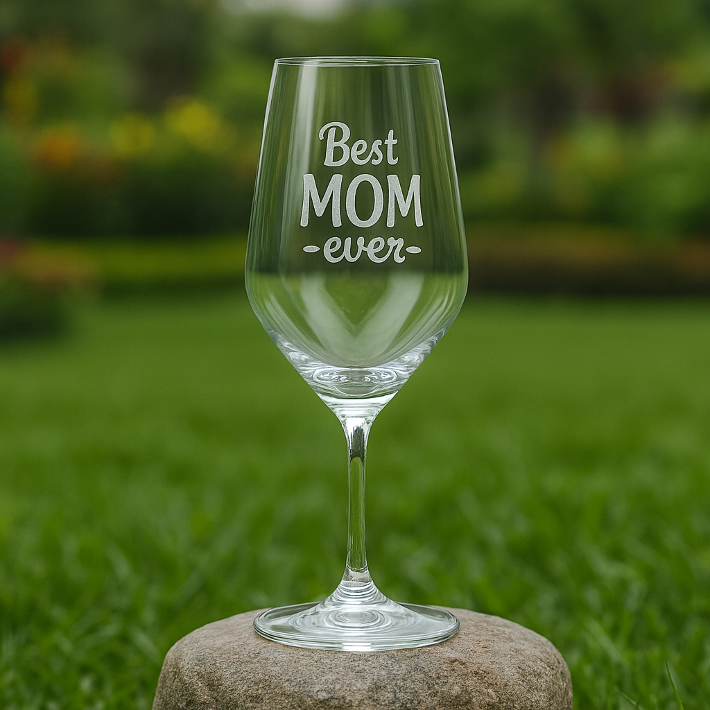 Set of personalized Best Mom Ever wine glasses engraved with name Prabha, crystal clear stemware