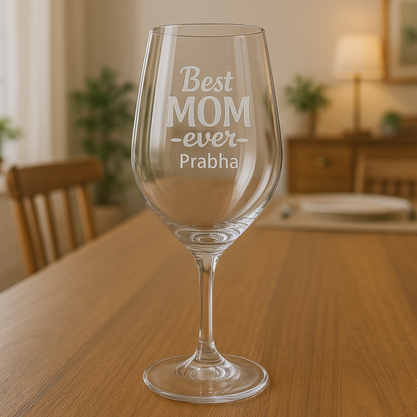 Set of personalized Best Mom Ever wine glasses engraved with name Prabha, crystal clear stemware
