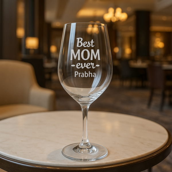 Set of personalized Best Mom Ever wine glasses engraved with name Prabha, crystal clear stemware