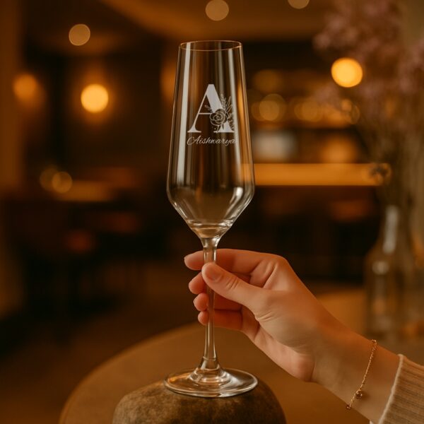 Personalized champagne flute with engraved monogram and name, 250ml crystal toasting glass, custom wedding, birthday, and special occasion gift.