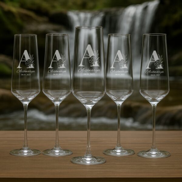 Personalized champagne flute with engraved monogram and name, 250ml crystal toasting glass, custom wedding, birthday, and special occasion gift.