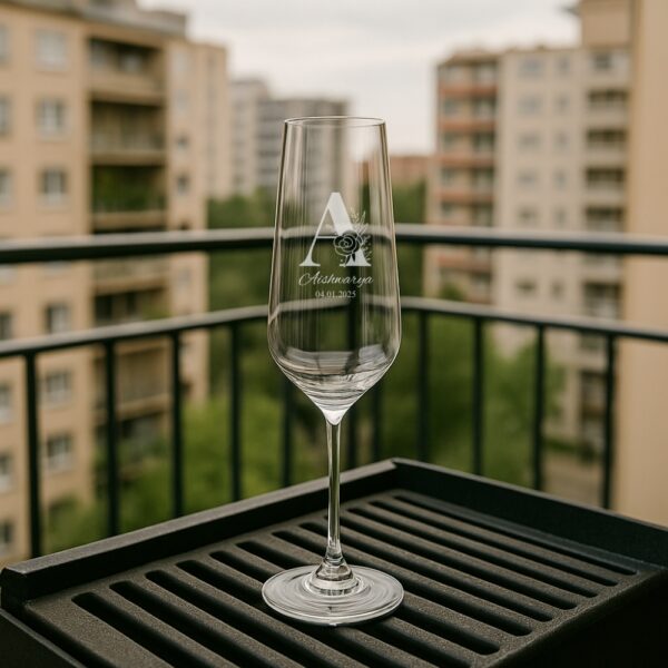 Personalized champagne flute with engraved monogram and name, 250ml crystal toasting glass, custom wedding, birthday, and special occasion gift.