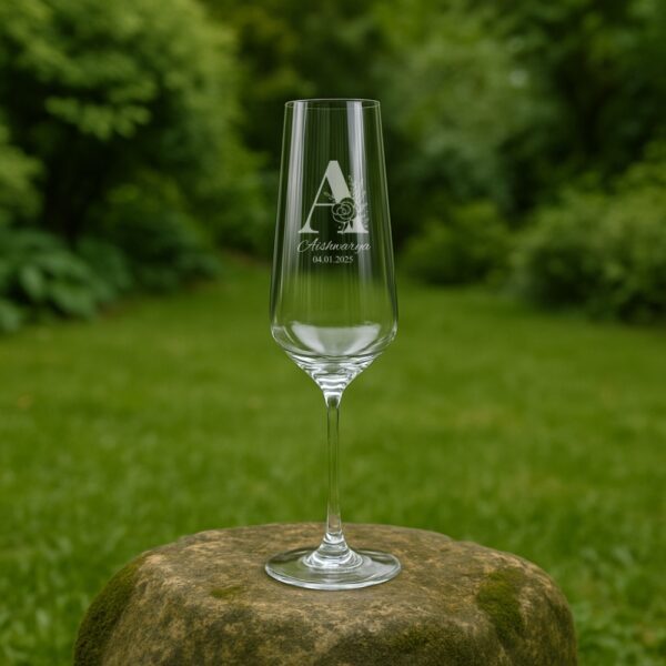 Personalized champagne flute with engraved monogram and name, 250ml crystal toasting glass, custom wedding, birthday, and special occasion gift.