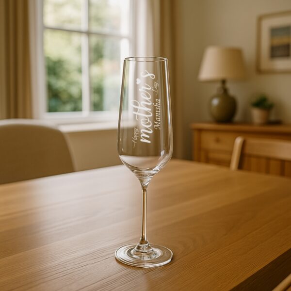Personalized Mother’s Day champagne flute, 250ml crystal glass with deep engraved name design, elegant custom gift for mom, wedding and party celebrations.