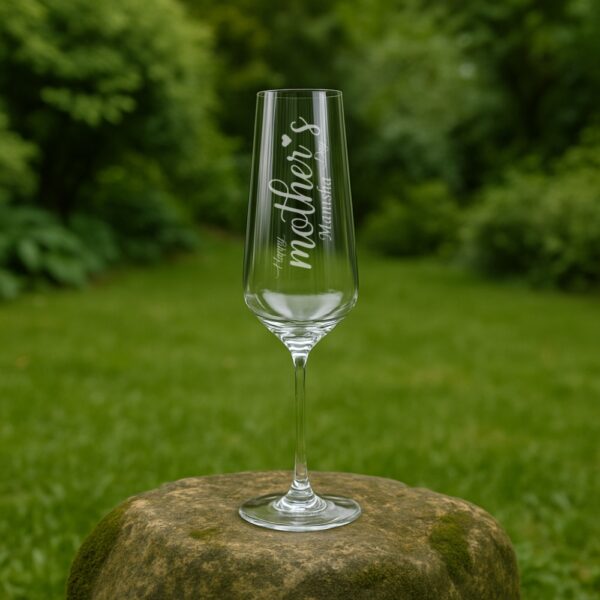 Personalized Mother’s Day champagne flute, 250ml crystal glass with deep engraved name design, elegant custom gift for mom, wedding and party celebrations.