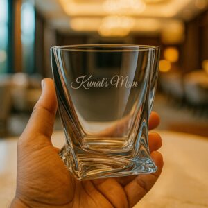 Personalized Mother’s Day whiskey glass with deep engraving “Kunal’s Mom” – elegant crystal-cut tumbler gift for mom, perfect for Mother’s Day, birthday, or special occasions.