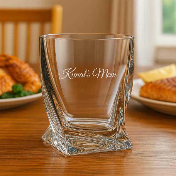 Personalized Mother’s Day whiskey glass with deep engraving “Kunal’s Mom” – elegant crystal-cut tumbler gift for mom, perfect for Mother’s Day, birthday, or special occasions.