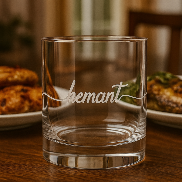 Personalized crystal whiskey glass with deep engraving of the name Hemant, filled with whiskey and ice cubes
