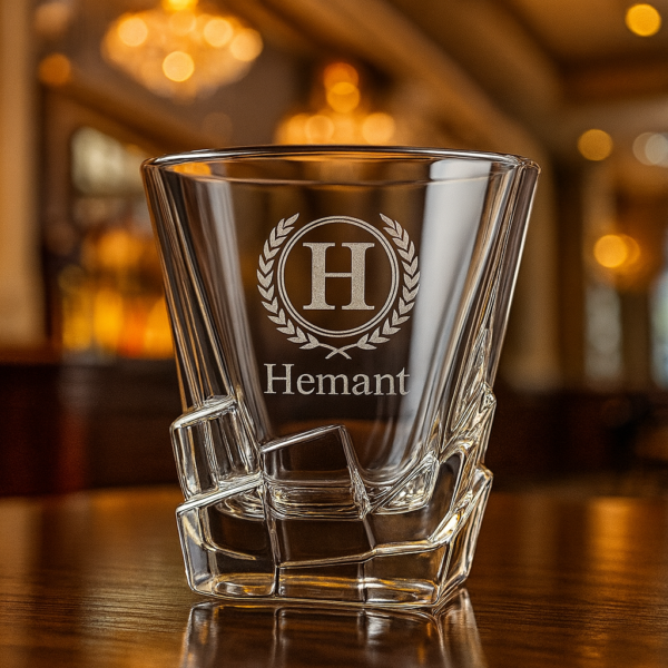 Premium Crystal Whiskey Glass with Personalized Monogram and Engraved Laurel Design – Custom Twisted Base Tumbler – Unique Gift for Men, Dad, Husband, Groomsmen, or Whiskey Lovers