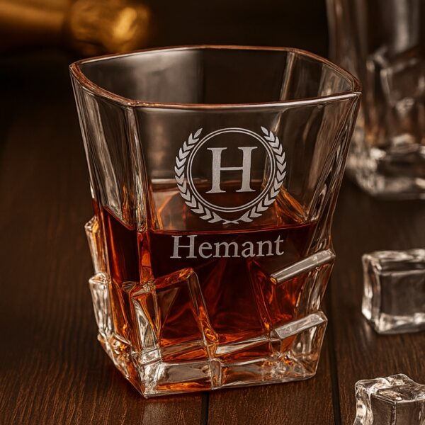 Premium Crystal Whiskey Glass with Personalized Monogram and Engraved Laurel Design – Custom Twisted Base Tumbler – Unique Gift for Men, Dad, Husband, Groomsmen, or Whiskey Lovers