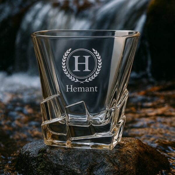 Premium Crystal Whiskey Glass with Personalized Monogram and Engraved Laurel Design – Custom Twisted Base Tumbler – Unique Gift for Men, Dad, Husband, Groomsmen, or Whiskey Lovers
