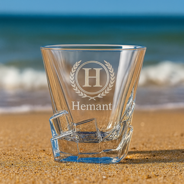 Premium Crystal Whiskey Glass with Personalized Monogram and Engraved Laurel Design – Custom Twisted Base Tumbler – Unique Gift for Men, Dad, Husband, Groomsmen, or Whiskey Lovers