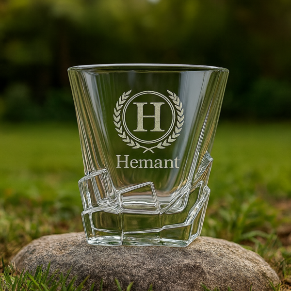 Premium Crystal Whiskey Glass with Personalized Monogram and Engraved Laurel Design – Custom Twisted Base Tumbler – Unique Gift for Men, Dad, Husband, Groomsmen, or Whiskey Lovers