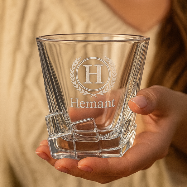 Premium Crystal Whiskey Glass with Personalized Monogram and Engraved Laurel Design – Custom Twisted Base Tumbler – Unique Gift for Men, Dad, Husband, Groomsmen, or Whiskey Lovers