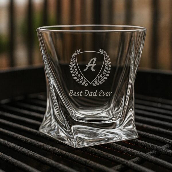 Personalized Engraved Whiskey Glass with Twisted Crystal Base – Custom Name and Initial Etched Scotch Bourbon Glass – Premium Gift for Men, Dad, Husband, Groomsmen, or Whiskey Lovers