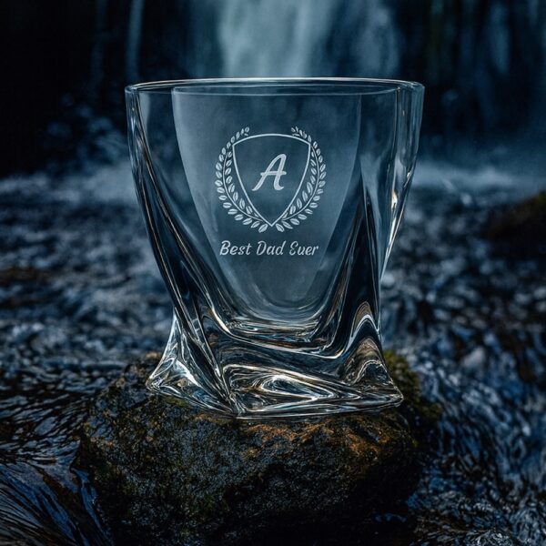 Personalized Engraved Whiskey Glass with Twisted Crystal Base – Custom Name and Initial Etched Scotch Bourbon Glass – Premium Gift for Men, Dad, Husband, Groomsmen, or Whiskey Lovers