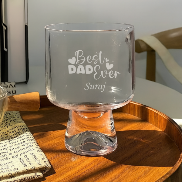 Clear glass whiskey tumbler with deep engraving text Best Dad Ever, personalized cocktail glass gift for dad, Father’s Day, birthday, or anniversary