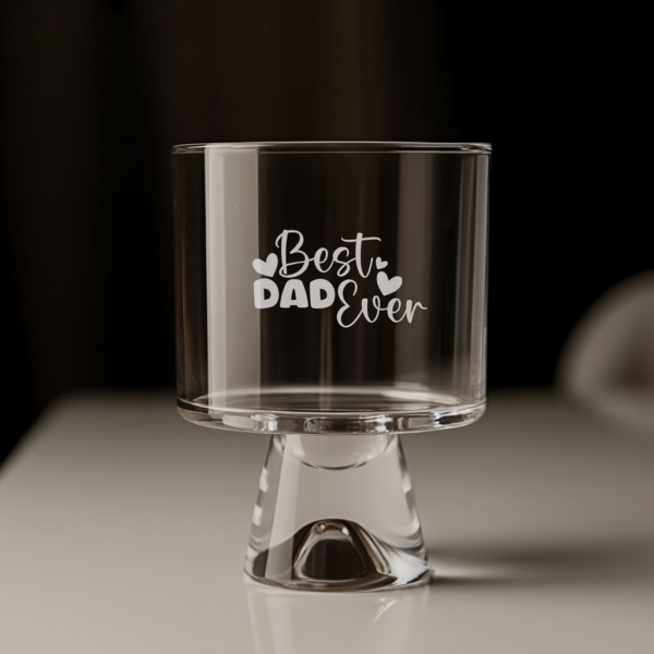 Clear glass whiskey tumbler with deep engraving text Best Dad Ever, personalized cocktail glass gift for dad, Father’s Day, birthday, or anniversary