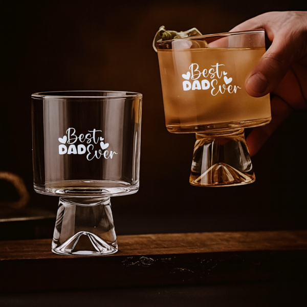 Clear glass whiskey tumbler with deep engraving text Best Dad Ever, personalized cocktail glass gift for dad, Father’s Day, birthday, or anniversary