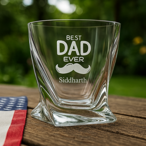 Personalized Best Dad Ever whiskey glass with mustache design and engraved name Siddharth, 310ml crystal glass gift for Father’s Day or birthday"