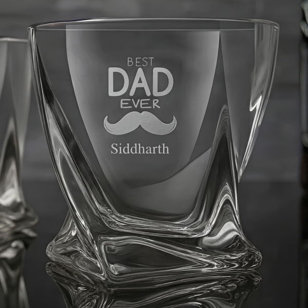 Personalized Best Dad Ever whiskey glass with mustache design and engraved name Siddharth, 310ml crystal glass gift for Father’s Day or birthday"