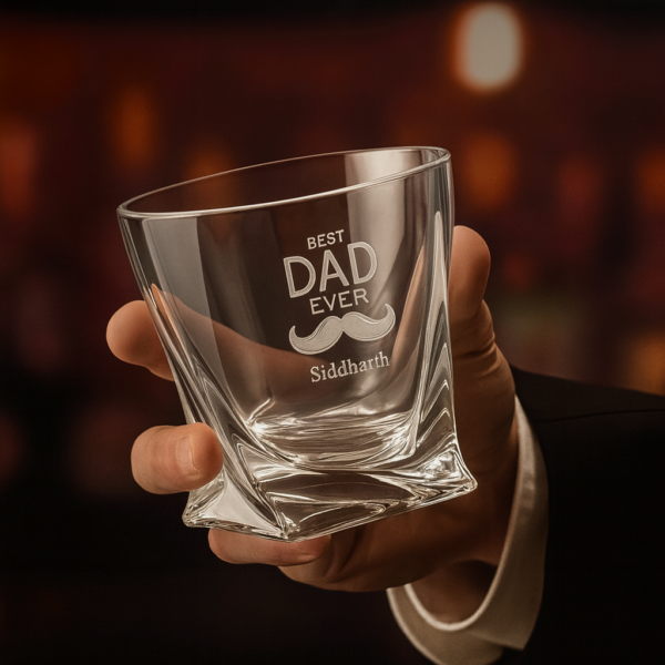 Personalized Best Dad Ever whiskey glass with mustache design and engraved name Siddharth, 310ml crystal glass gift for Father’s Day or birthday"