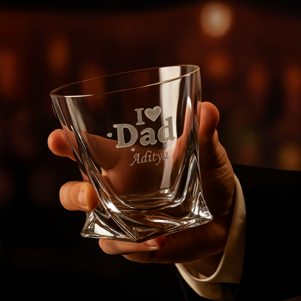 Personalized 310ml crystal whiskey glass with unique twisted base, engraved with 'I ♥ Dad' and custom name 'Aditya', displayed on a wooden surface