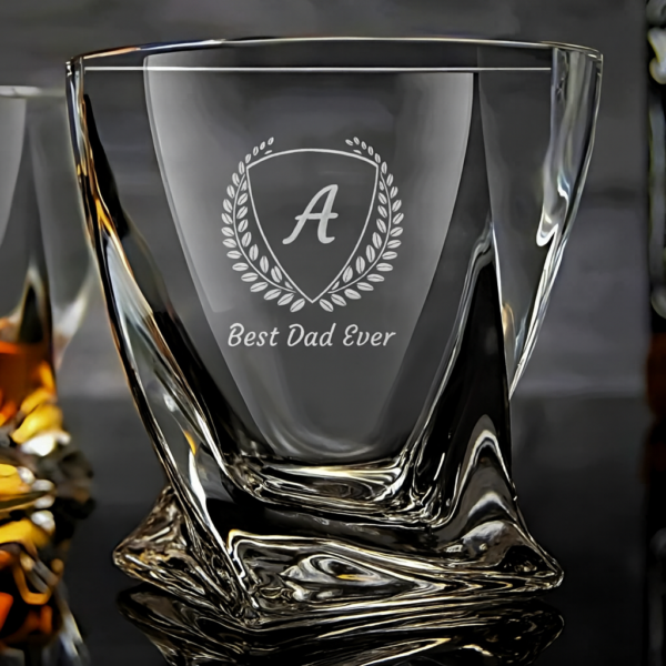 Personalized Engraved Whiskey Glass with Twisted Crystal Base – Custom Name and Initial Etched Scotch Bourbon Glass – Premium Gift for Men, Dad, Husband, Groomsmen, or Whiskey Lovers