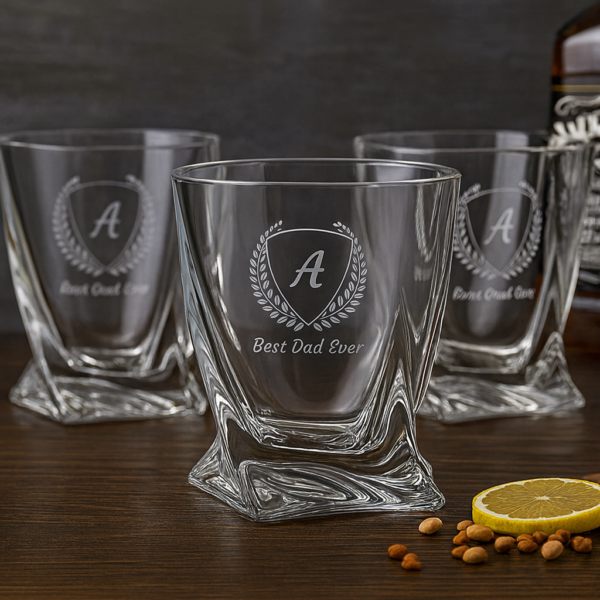 Personalized Engraved Whiskey Glass with Twisted Crystal Base – Custom Name and Initial Etched Scotch Bourbon Glass – Premium Gift for Men, Dad, Husband, Groomsmen, or Whiskey Lovers